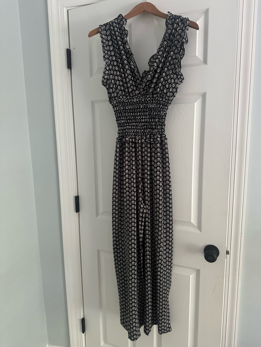 Max Studio Black Floral Jumpsuit with Smocked Waist, size S